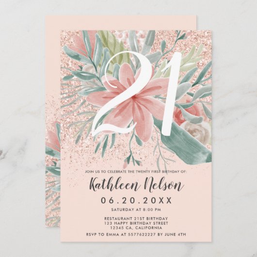 グリッターフローラ水彩赤面ピンク21歳の誕生日 招待状 (正面/裏面)