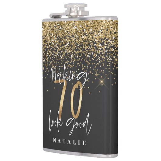 グリッターブモダンラックと金ゴールド70歳の誕生日 フラスク (左)