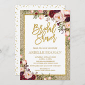 グリッターブライダルシャワー招待状ブルガンディーピンクフローラ 招待状 (正面/裏面)