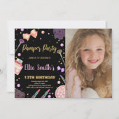 グリッターブラックフォトパンパーパーティー誕生日 招待状 (正面)