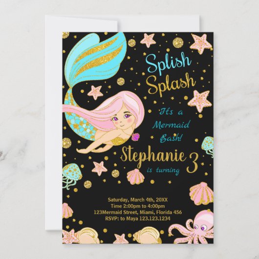 グリッターブラックマーメイド誕生日招待状 招待状 (正面)