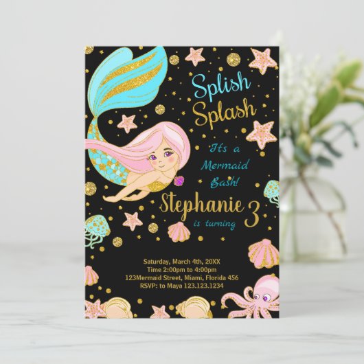 グリッターブラックマーメイド誕生日招待状 招待状 (スタンド正面)