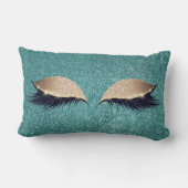 グリッターブラックメイクアップ目まぶしティール（緑がかった色）金ゴールド目 ランバークッション (裏面)