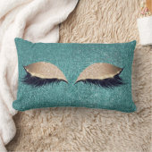 グリッターブラックメイクアップ目まぶしティール（緑がかった色）金ゴールド目 ランバークッション (ブランケット)