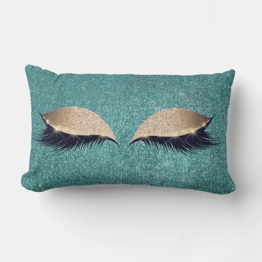 グリッターブラックメイクアップ目まぶしティール（緑がかった色）金ゴールド目 ランバークッション (正面)