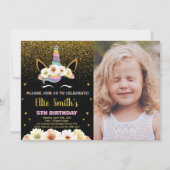 グリッターブラックユニコーン誕生日招待状w写真 招待状 (正面)