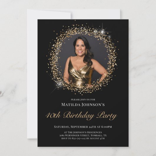 グリッターブラック金ゴールド40th誕生日パーティの招待状 招待状 (正面)