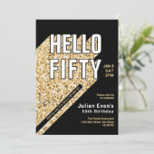 グリッターブラック&金ゴールドはっきりしたタイポグラフィ50誕生日 招待状 (スタンド正面)