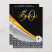 グリッターブラック&金ゴールドファブラス50誕生日 招待状 (正面/裏面)