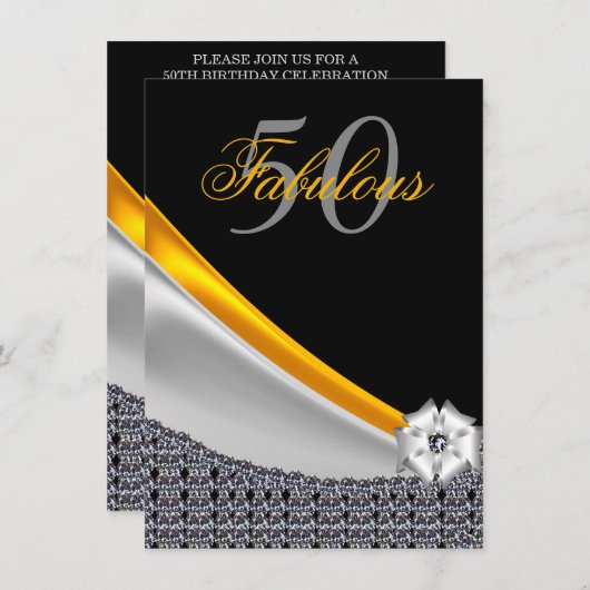 グリッターブラック&金ゴールドファブラス50誕生日 招待状 (正面/裏面)