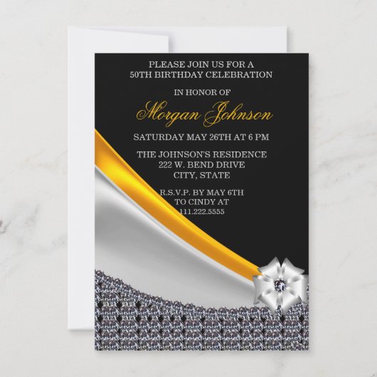 グリッターブラック&金ゴールドファブラス50誕生日 招待状 (裏面)