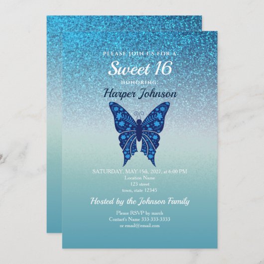 グリッターブルースウィート16誕生日招待状 招待状 (正面/裏面)