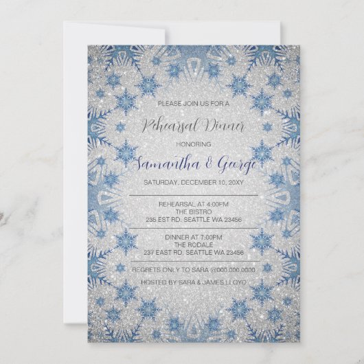 グリッターブルースノーフレークスウィンターリハーサルディナー 招待状 (正面)