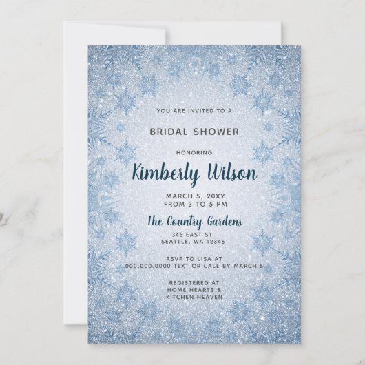 グリッターブルースノーフレーク冬ブライダルシャワー 招待状 (正面)