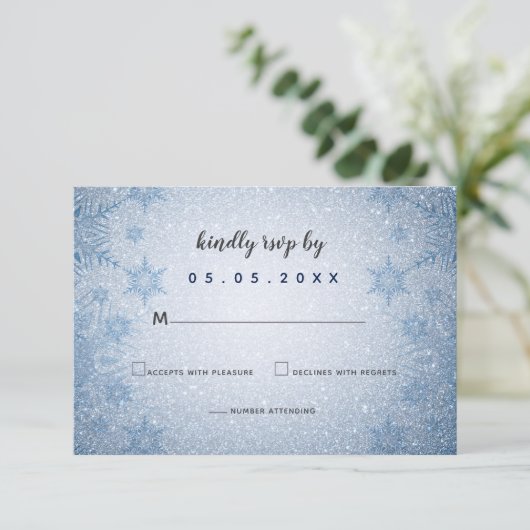グリッターブルースノーフレーク冬季結婚式 出欠カード (スタンド正面)