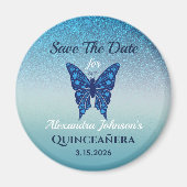 グリッターブルーバタフライキンセアニェラ日付を保存 マグネット (正面)