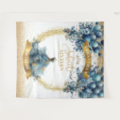 グリッターブルー金ゴールド水彩Sweet sixteenバナー タペストリー (正面(横))