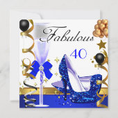 グリッターブルー金ゴールド40素晴らしい40th誕生日パーティー 招待状 (正面)