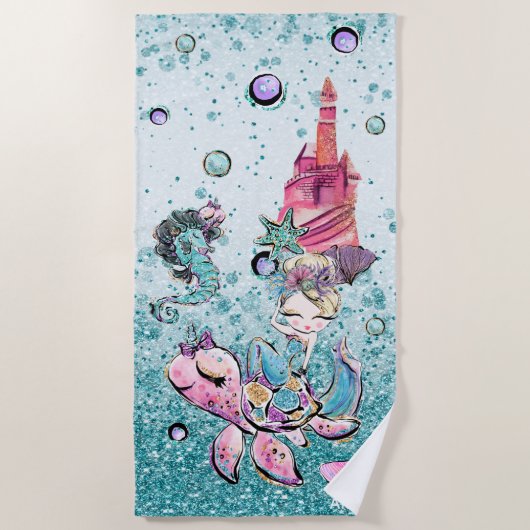 *~*グリッターブロンドマーメイドシータートルサンドキャッスル  ビーチタオル (正面)