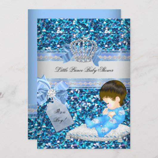 グリッターベイビーシャワーボーイブルーリトルプリンスクラウン4 招待状 (正面/裏面)