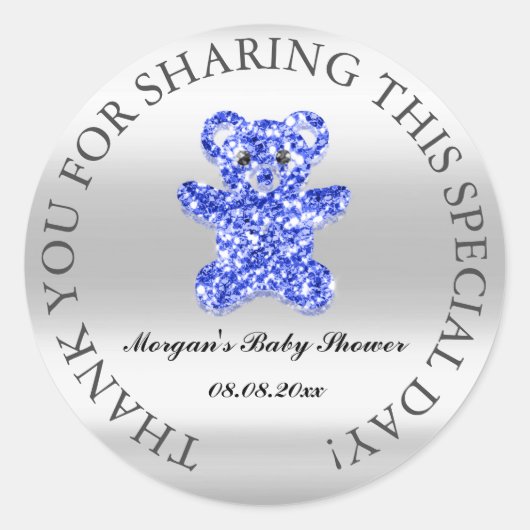 グリッターベイビーシャワ感謝していービーブルー王室のベア ラウンドシール (正面)