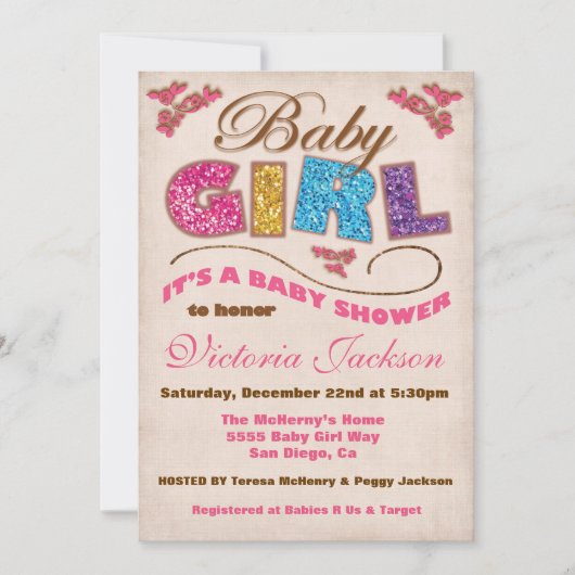 グリッターベビーガールヴィンテージベビーシャワー招待状 招待状 (正面)