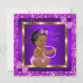 グリッターベビーシャワーガールパープルピンクエスニック 招待状 (正面)