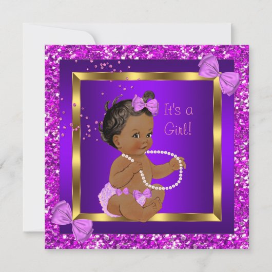 グリッターベビーシャワーガールパープルピンクエスニック 招待状 (正面)