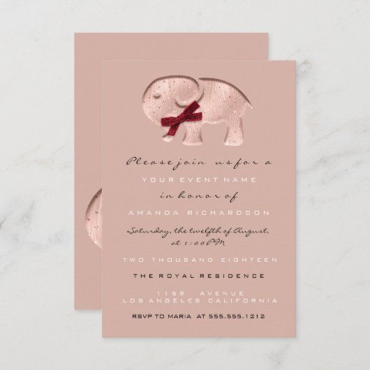 グリッターベビーシャワーバラモダンエレファントレッド 招待状 (正面/裏面)