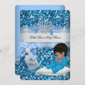 グリッターベビーシャワーボーイブルーリトルプリンスクラウン3 招待状 (正面/裏面)