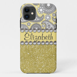 グリッターペイズリーラインストンプリントパターン iPhone 11 ケース