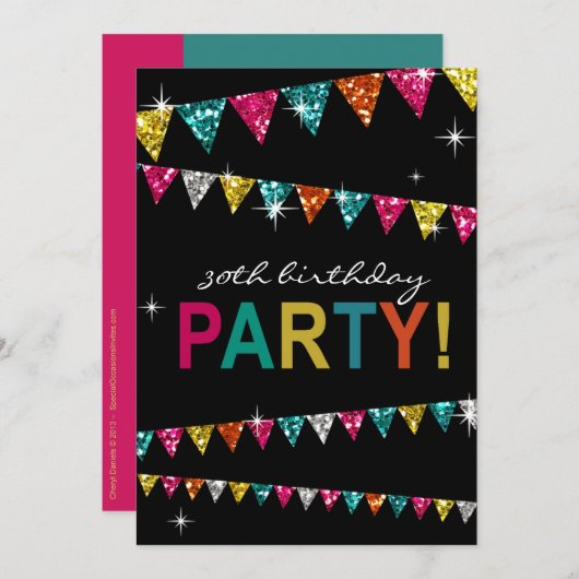 グリッターペナントフラグ30歳の誕生日お祝い 招待状 (正面/裏面)