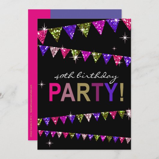グリッターペナントフラグ40歳の誕生日お祝い 招待状 (正面/裏面)