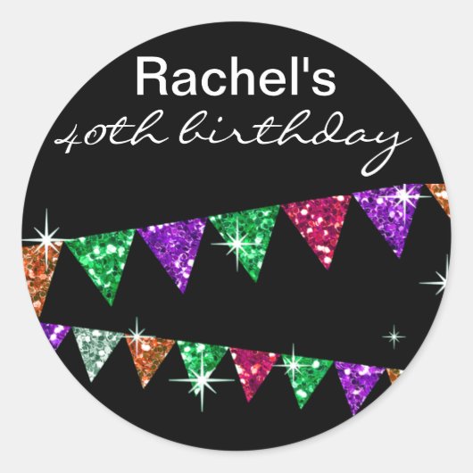 グリッターペナントフラッグス40th誕生日お祝い ラウンドシール (正面)