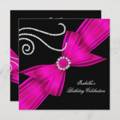 グリッターホットピンクダイヤモンドボウブラックバースデーパーティー 招待状 (正面/裏面)