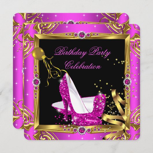 グリッターホットピンクハイヒールシューズ金ゴールドブラックパーティー 招待状 (正面/裏面)