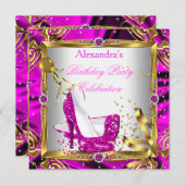 グリッターホットピンクハイヒールシューズ金ゴールドホワイトシルク 招待状 (正面/裏面)