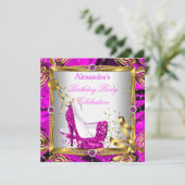 グリッターホットピンクハイヒールシューズ金ゴールドホワイトシルク 招待状 (スタンド正面)