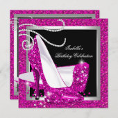 グリッターホットピンクハイヒールブラックバースデーパーティー 招待状 (正面/裏面)