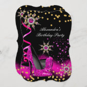 グリッターホットピンクヒール誕生日パーティー金ゴールドブラック 招待状 (正面/裏面)