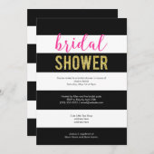グリッターホットピンクブラックストライプブライダルシャワー 招待状 (正面/裏面)