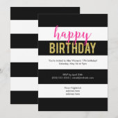 グリッターホットピンクブラックストライプ誕生パーティー 招待状 (正面/裏面)