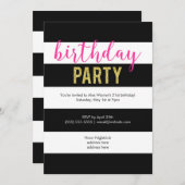 グリッターホットピンクブラックストライプ誕生パーティー 招待状 (正面/裏面)