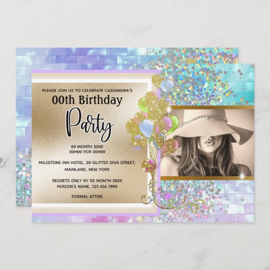 グリッターホログラフィックピンク金ゴールド紙吹雪パーティー 招待状 (正面/裏面)