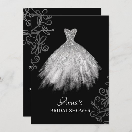 *~*グリッターホワイトブライダルガウンドレスブライダルシャワー 招待状 (正面/裏面)