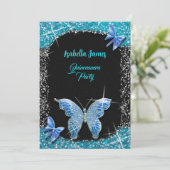グリッターボウブラックブルーターコイズバタフライエレガント 招待状 (スタンド正面)