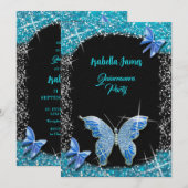 グリッターボウブラックブルーターコイズバタフライエレガント 招待状 (正面/裏面)