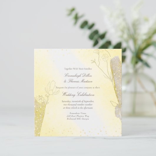 グリッターボタニカルラディアントイエロースクエア結婚ズ 招待状 (スタンド正面)