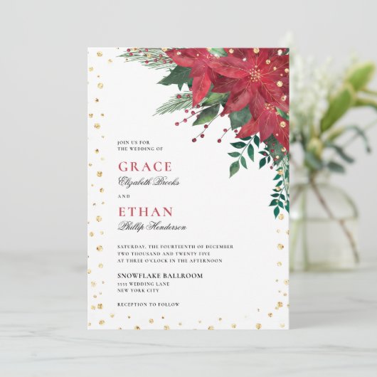 グリッターポインセチア赤フローラクリスマス結婚ズ 招待状 (スタンド正面)