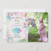 グリッターマジカルユニコーン誕生日写真 招待状 (正面)